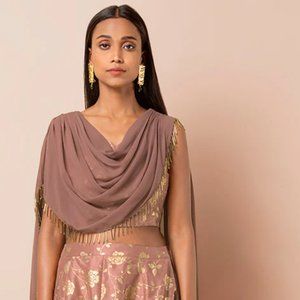 Dusty Pink Foil Crop Top with Attached Dupatta